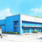 Illustration of a Florida dermatology clinic building with palm trees and a clinician outside