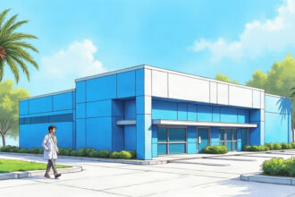 Illustration of a Florida dermatology clinic building with palm trees and a clinician outside