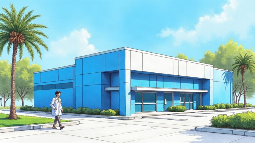 Illustration of a Florida dermatology clinic building with palm trees and a clinician outside