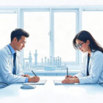 Illustration of two administrators reviewing blank paperwork in a bright clinical laboratory office