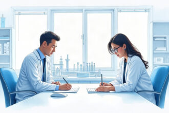 Illustration of two administrators reviewing blank paperwork in a bright clinical laboratory office