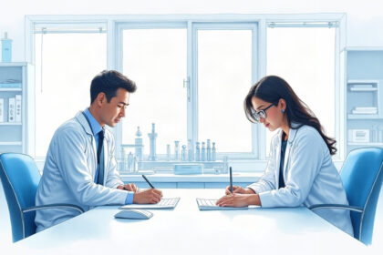 Illustration of two administrators reviewing blank paperwork in a bright clinical laboratory office