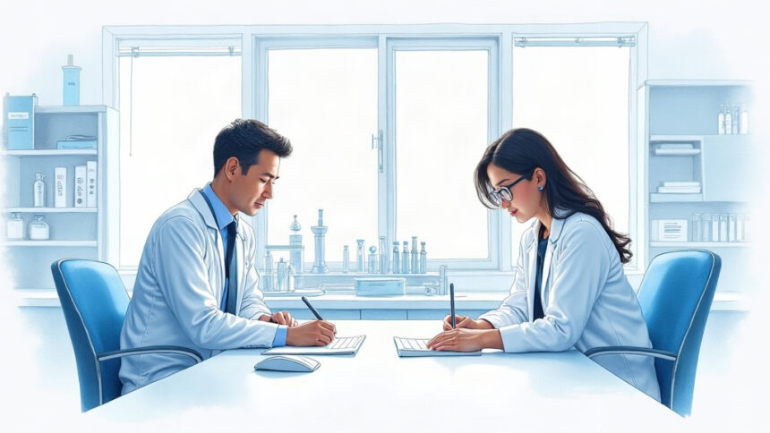 Illustration of two administrators reviewing blank paperwork in a bright clinical laboratory office