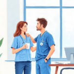 Illustration of concerned hospital clinicians in a bright break room, one comforting the other