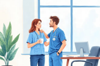 Illustration of concerned hospital clinicians in a bright break room, one comforting the other