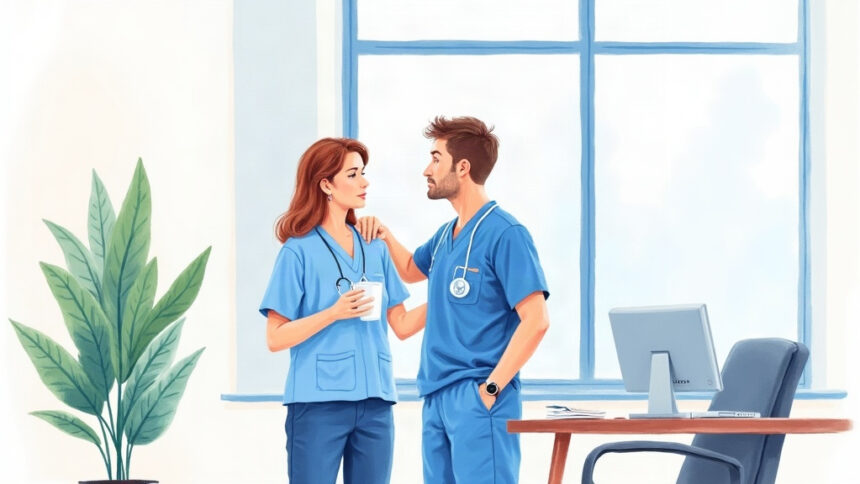 Illustration of concerned hospital clinicians in a bright break room, one comforting the other