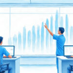Illustration of hospital IT analysts at desks facing a large abstract display of rising bar shapes