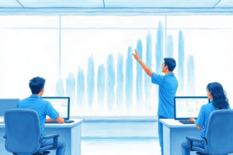 Illustration of hospital IT analysts at desks facing a large abstract display of rising bar shapes