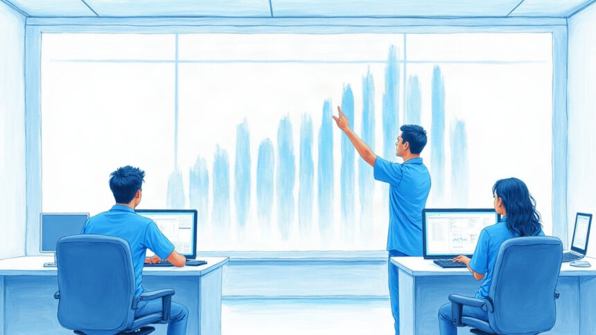 Illustration of hospital IT analysts at desks facing a large abstract display of rising bar shapes