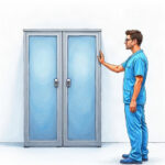 Illustration of a hospital technician examining a plain gray server cabinet in a bright room