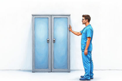Illustration of a hospital technician examining a plain gray server cabinet in a bright room