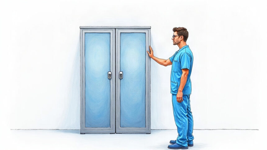 Illustration of a hospital technician examining a plain gray server cabinet in a bright room
