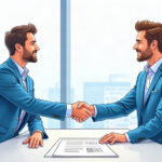 Illustration of two executives shaking hands across a boardroom table in a bright office