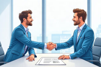 Illustration of two executives shaking hands across a boardroom table in a bright office