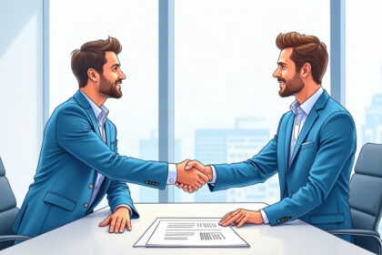 Illustration of two executives shaking hands across a boardroom table in a bright office