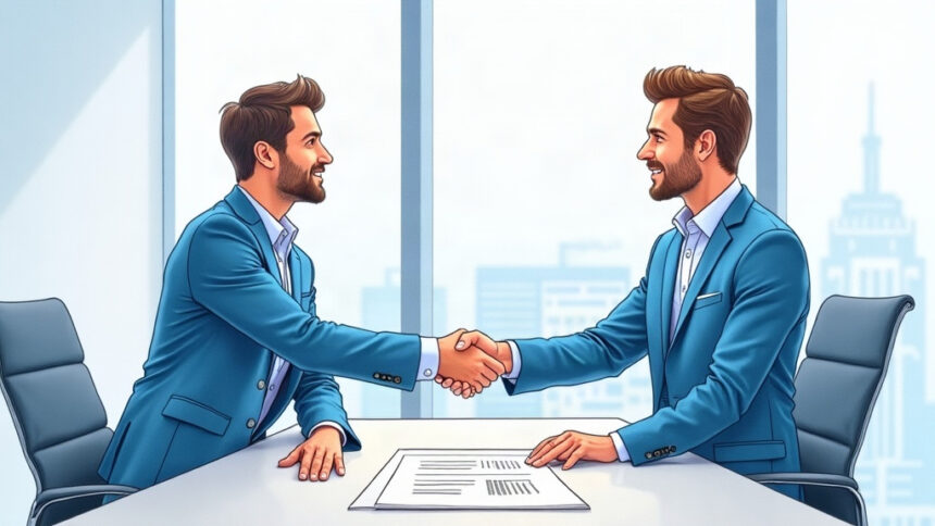 Illustration of two executives shaking hands across a boardroom table in a bright office