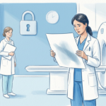 Hand-drawn illustration of a radiologist holding up a blank imaging film beside a plain white scanner