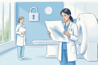 Hand-drawn illustration of a radiologist holding up a blank imaging film beside a plain white scanner