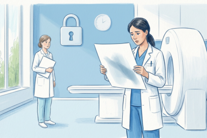 Hand-drawn illustration of a radiologist holding up a blank imaging film beside a plain white scanner