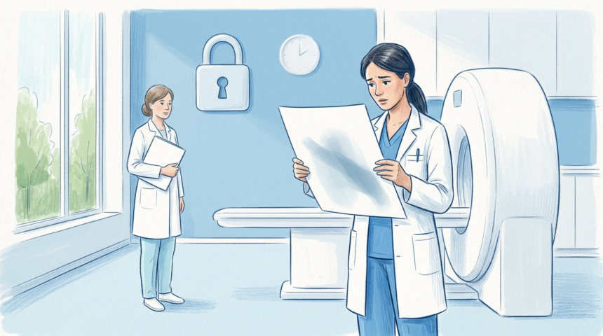 Hand-drawn illustration of a radiologist holding up a blank imaging film beside a plain white scanner