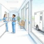 Hand-drawn illustration of a rural hospital corridor with nurses holding clipboards as an ambulance waits outside