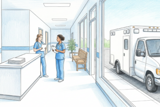 Hand-drawn illustration of a rural hospital corridor with nurses holding clipboards as an ambulance waits outside
