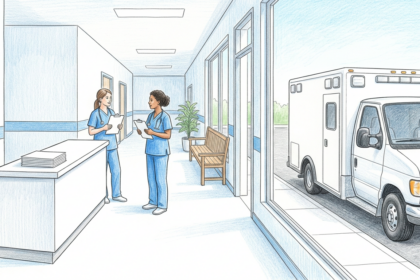 Hand-drawn illustration of a rural hospital corridor with nurses holding clipboards as an ambulance waits outside