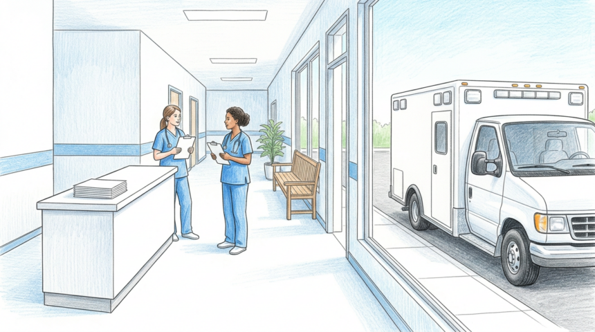 Hand-drawn illustration of a rural hospital corridor with nurses holding clipboards as an ambulance waits outside