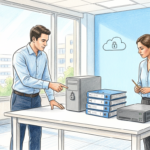 Hand-drawn illustration of hospital IT security staff reviewing incident response binders beside a padlocked backup appliance