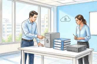 Hand-drawn illustration of hospital IT security staff reviewing incident response binders beside a padlocked backup appliance