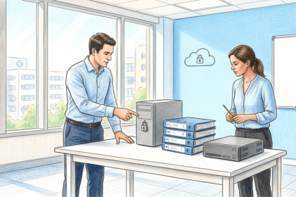 Hand-drawn illustration of hospital IT security staff reviewing incident response binders beside a padlocked backup appliance