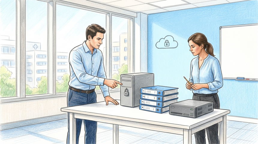 Hand-drawn illustration of hospital IT security staff reviewing incident response binders beside a padlocked backup appliance