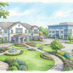 Hand-drawn illustration of a skilled nursing center and a modern office building