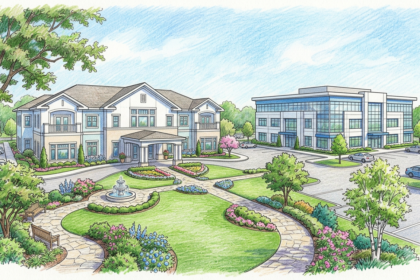 Hand-drawn illustration of a skilled nursing center and a modern office building