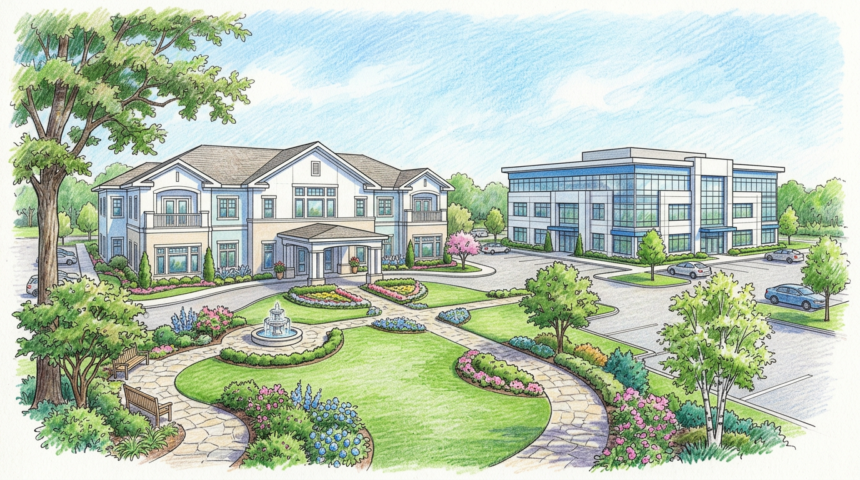 Hand-drawn illustration of a skilled nursing center and a modern office building