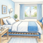 Hand-drawn illustration of a bright sleep clinic room with a medical device