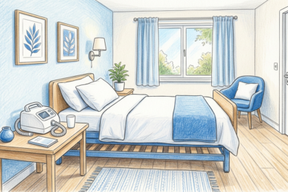 Hand-drawn illustration of a bright sleep clinic room with a medical device