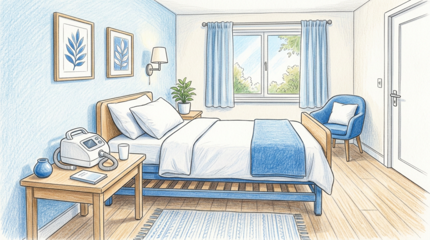 Hand-drawn illustration of a bright sleep clinic room with a medical device