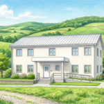 Hand-drawn illustration of a small rural community health center