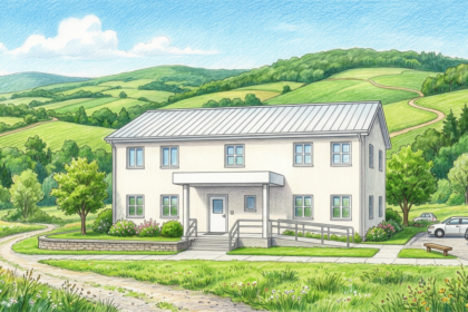 Hand-drawn illustration of a small rural community health center