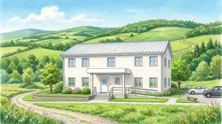 Hand-drawn illustration of a small rural community health center