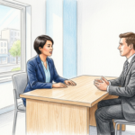 Hand-drawn illustration of two professionals meeting in a bright benefits office
