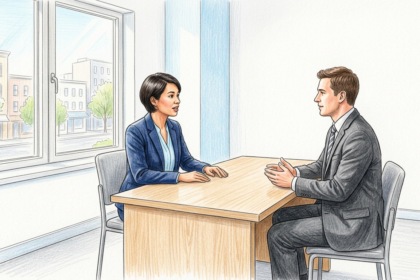Hand-drawn illustration of two professionals meeting in a bright benefits office