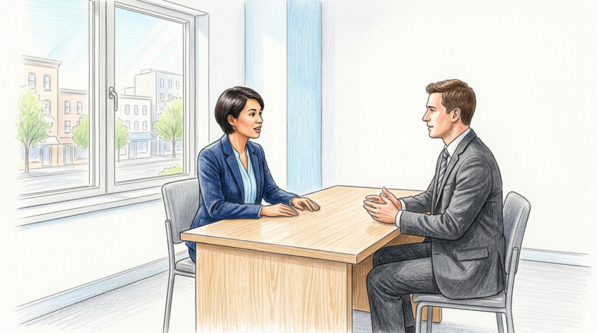 Hand-drawn illustration of two professionals meeting in a bright benefits office