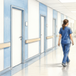 Hand-drawn illustration of a bright gastroenterology clinic corridor