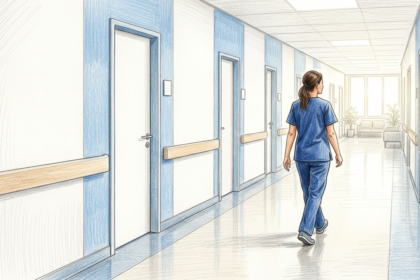 Hand-drawn illustration of a bright gastroenterology clinic corridor
