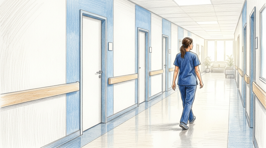 Hand-drawn illustration of a bright gastroenterology clinic corridor