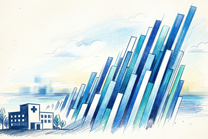 A hand-drawn illustration of rising data bars behind a hospital, marking a surge in ransomware data theft.