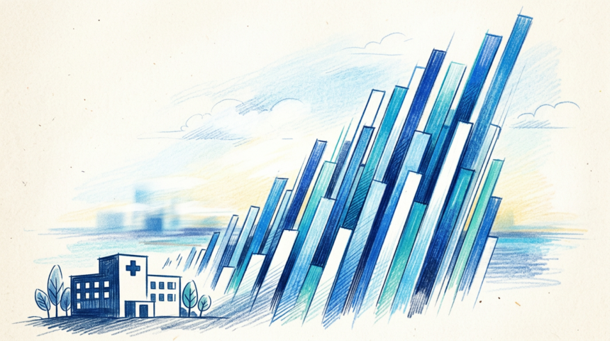 A hand-drawn illustration of rising data bars behind a hospital, marking a surge in ransomware data theft.