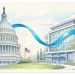 A hand-drawn illustration linking the US Capitol to a hospital after the Senate passed a healthcare cybersecurity bill.